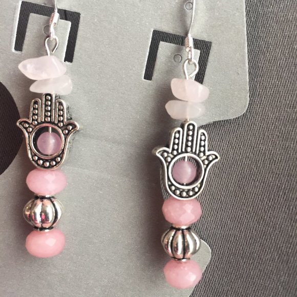 Rosey Transition - Rose Quartz raw stones stacked - Hand of Hamsa Earrings - Picture 6 of 6